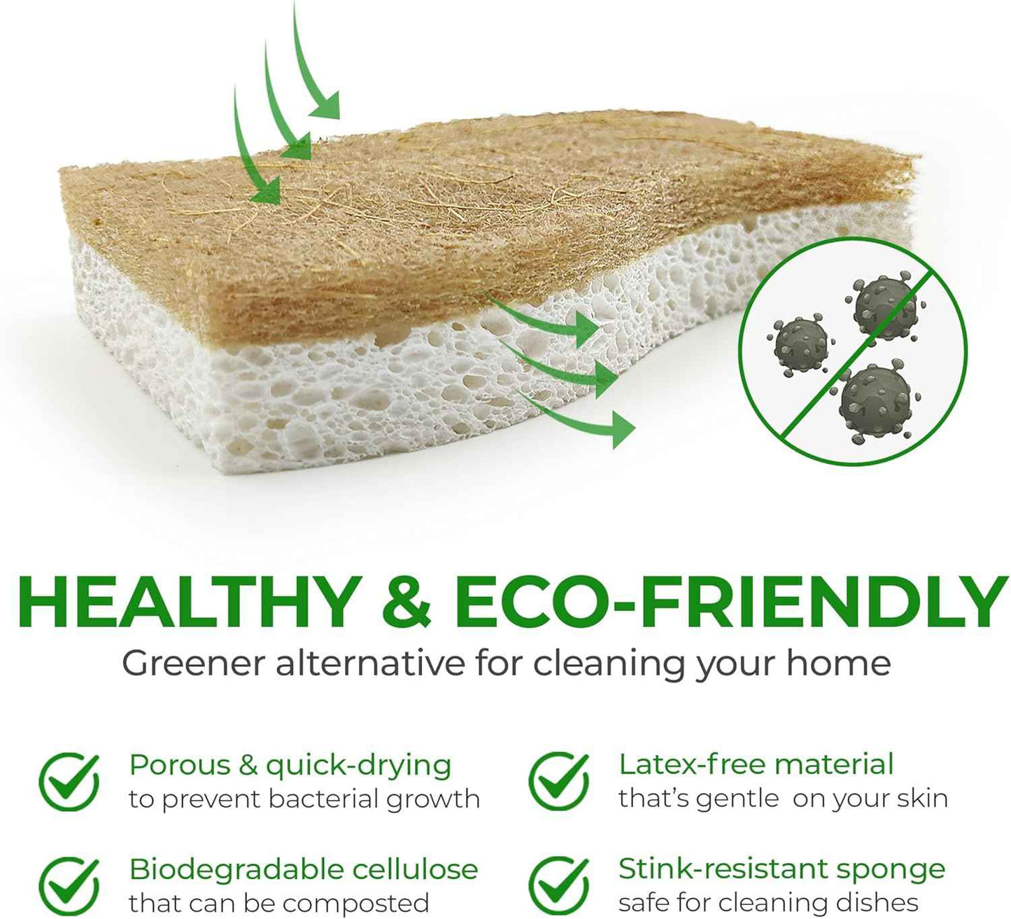 Biodegradable Natural Kitchen Sponge - Compostable Cellulose and Coconut Walnut Scrubber Sponge (12 Pack)