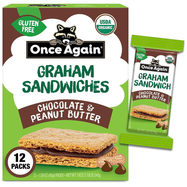 Once Again Peanut Butter Crackers Graham Sandwiches - Gluten Free Graham Crackers with Organic Peanut Butter Filling - Vegan, Organic Snacks for Kids - Lunch Snacks Individually Wrapped, 8 Count