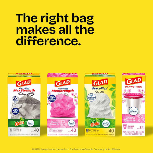 Glad ForceFlex Tall Kitchen Drawstring Trash Bags, 13 Gal, Gain Lavender, 80 Ct (Package May Vary)