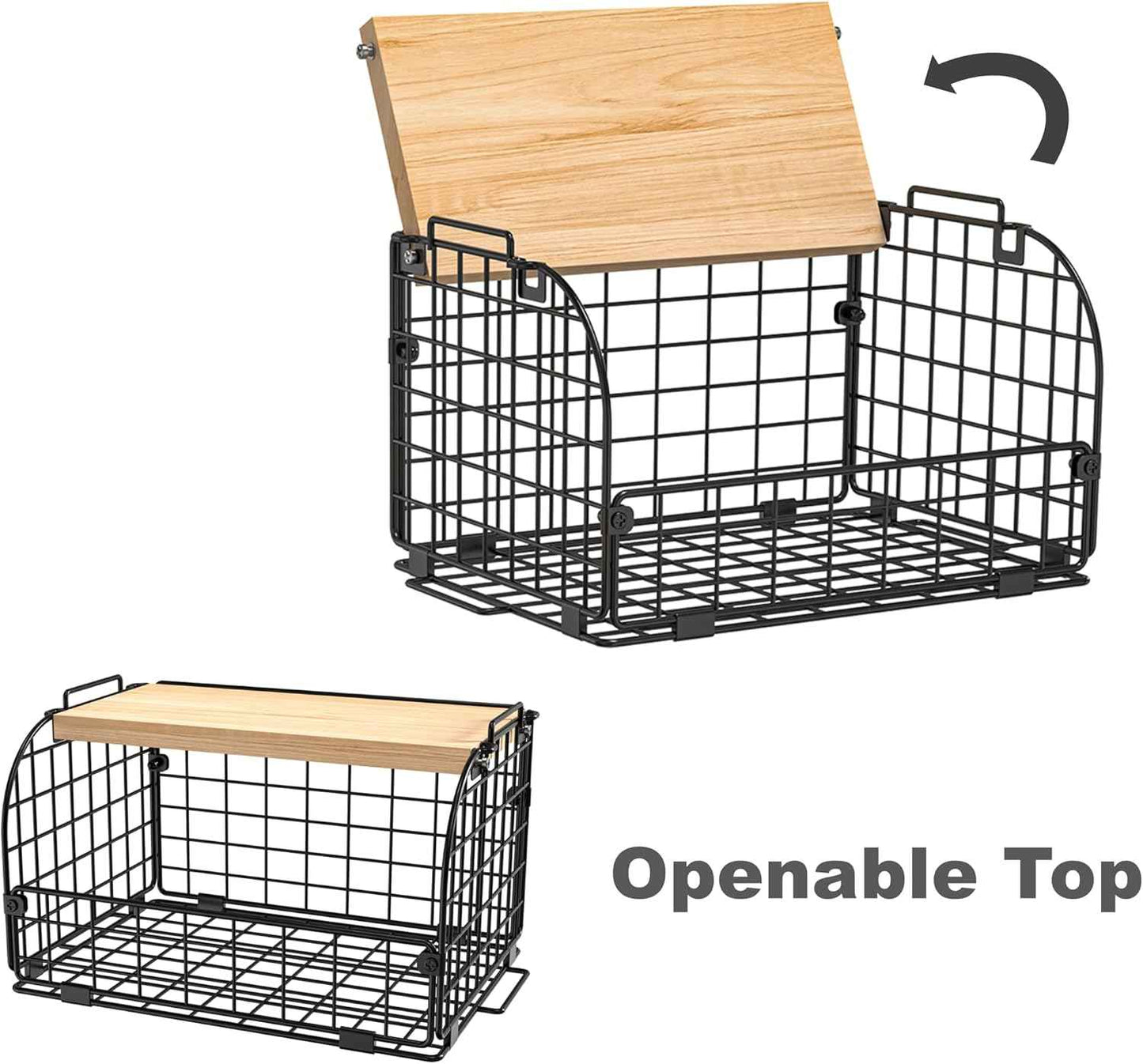 2 Set Stackable Wire Basket with Openable Top, Kitchen Counter, Pantry Organizer and Storage Produce Onion Potato Fruits Vegs Bread Food Snack Spice Organizing Bin for Cabinet Shelf Countertop Floor