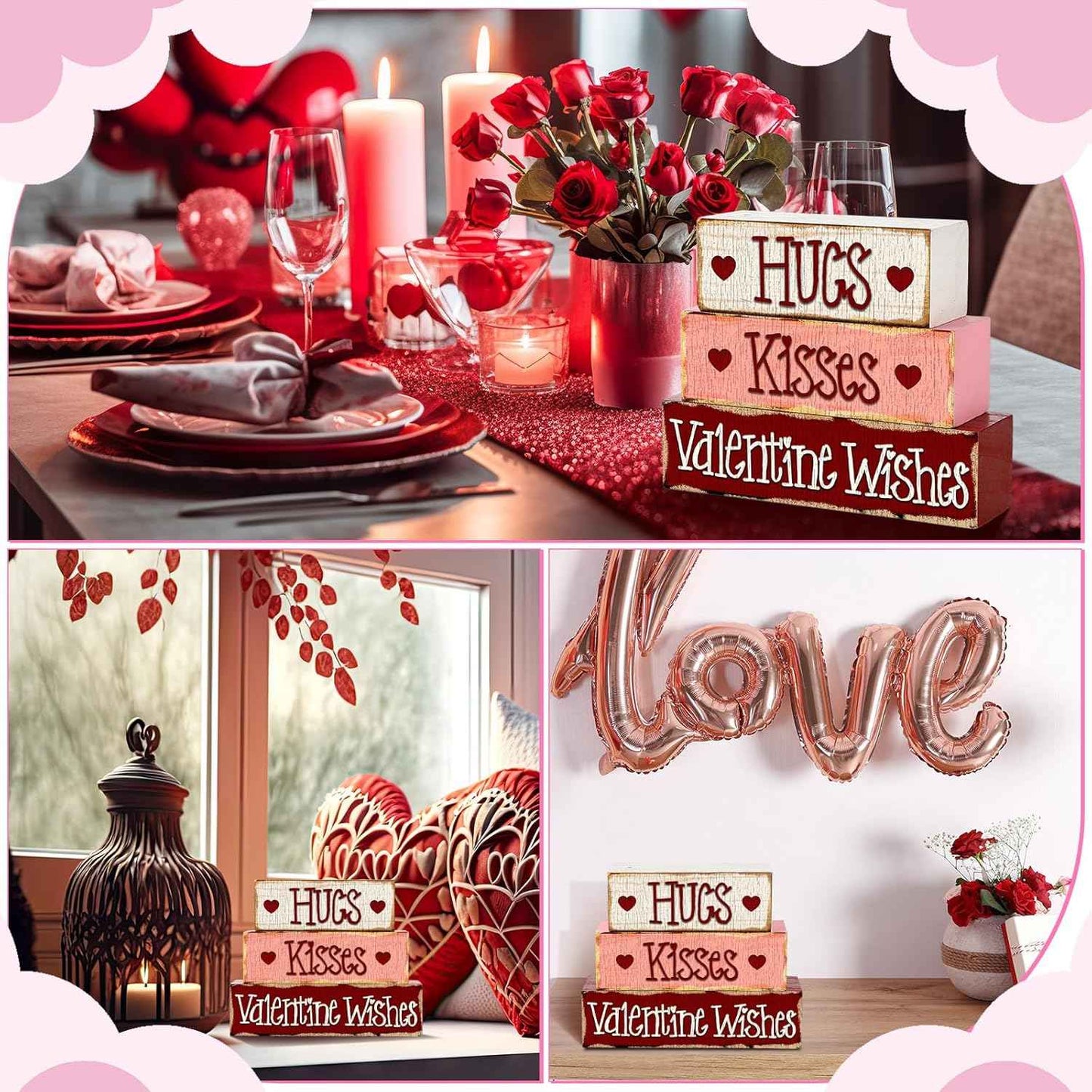 3 Pcs Valentine Table Decoration Signs Tiered Tray Valentine Wooden Love Blocks Heart Wood Freestanding Decor for Farmhouse Centerpiece Wedding Gift(Classic Style)