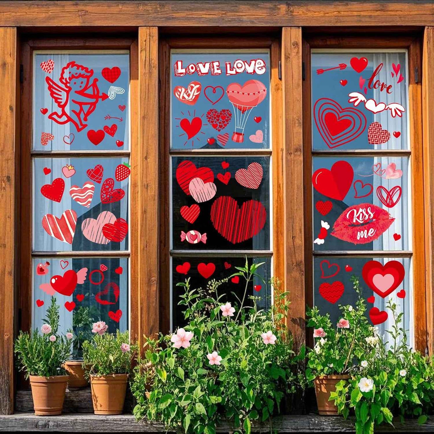 Valentines Day Window Clings Decor, Valentines Day Decorations, Red Heart Stickers for Home, Office, Classroom, Romantic Cupid Decals Décor, 9 Sheets
