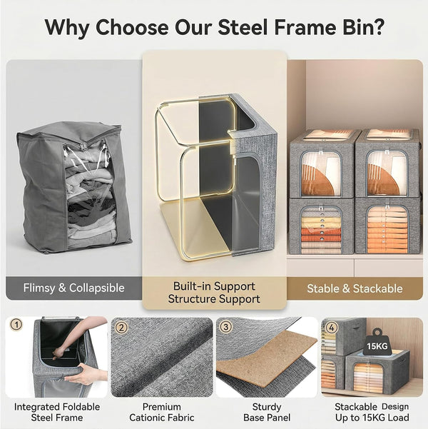 Stackable Closet Storage Bin with Metal Frame, 6-Pack, 40L Capacity