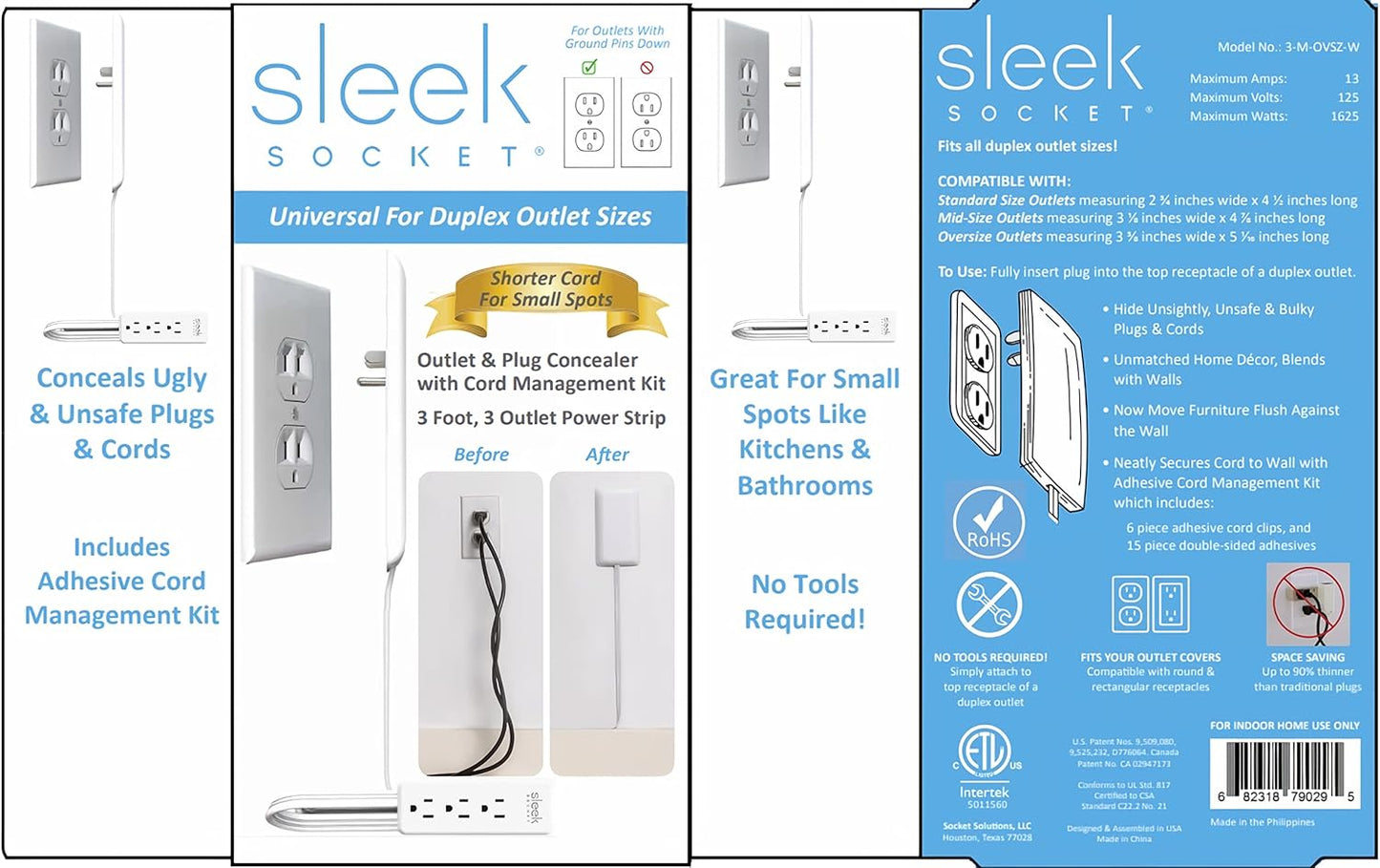 Sleek Socket Flat Ultra-Thin Outlet Concealer – 3ft Extension Cord Kit with Multi Outlet Power Strip
