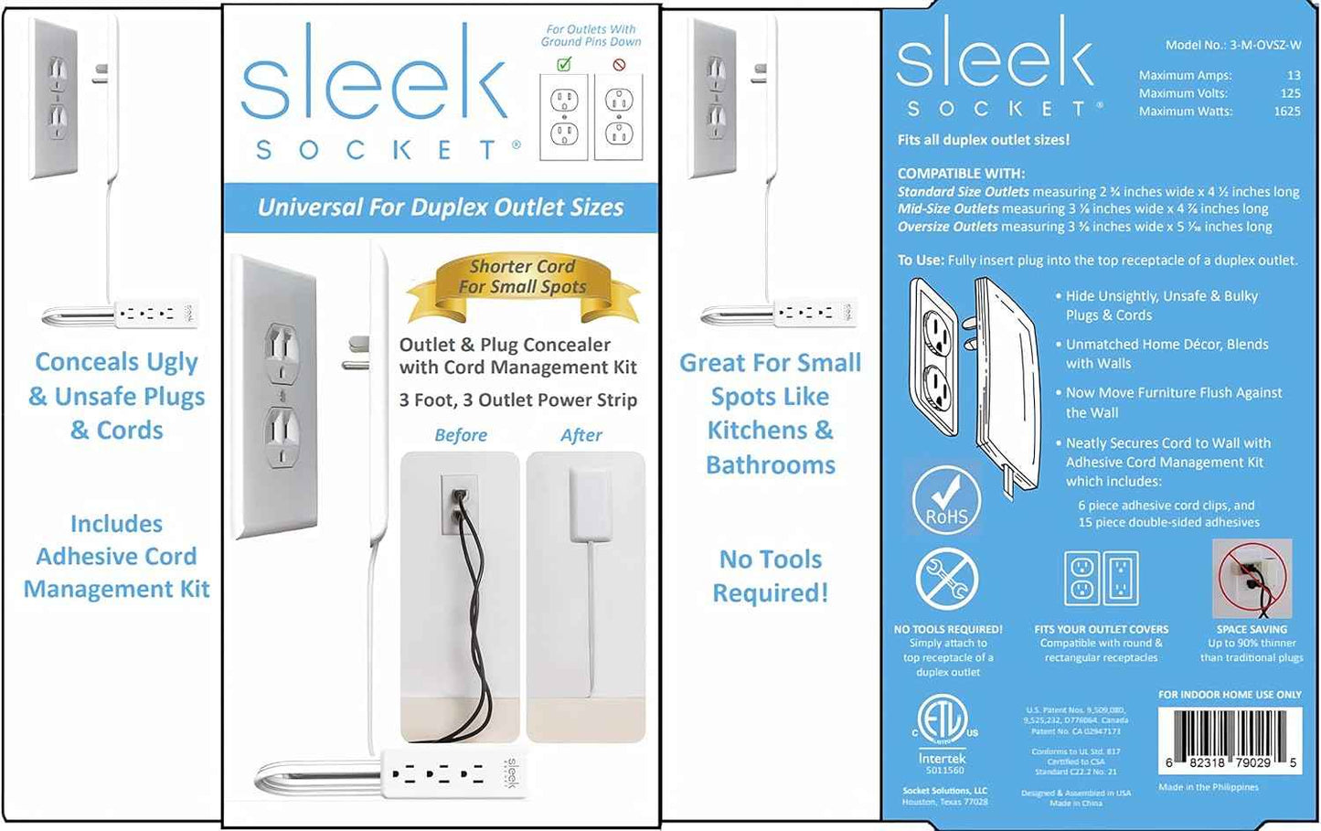 Sleek Socket Original & Patented Flat Ultra-Thin Outlet Concealer with Extension Cord Kit, Multi Outlets Power Strip, Ideal for Home Improvement, Hide Bulky and Messy Cords, 3ft