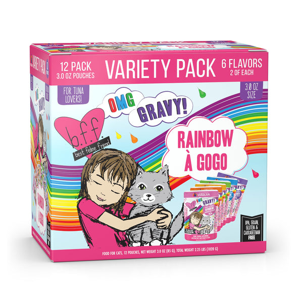 weruva bff oh my gravy! rainbow a gogo variety pack, 3oz pouch, 12-count, grain-free cat food