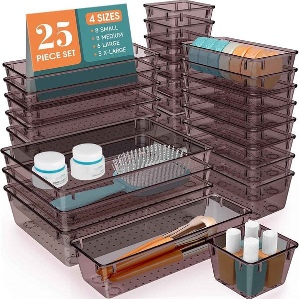 WOWBOX 25 PCS Clear Plastic Drawer Organizer Set, 4 Sizes Desk Drawer Divider Organizers and Storage Bins for Makeup, Jewelry, Gadgets for Kitchen, Bedroom, Bathroom, Office