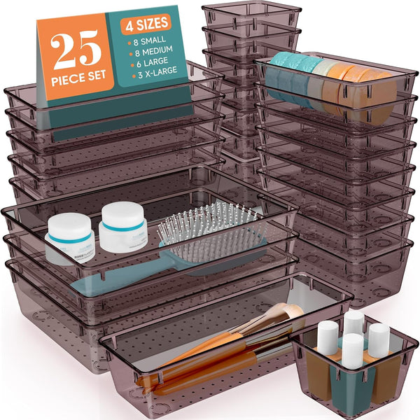 Clear Plastic Drawer Organizer Set for Desk, Kitchen, Bedroom, Bathroom, Office