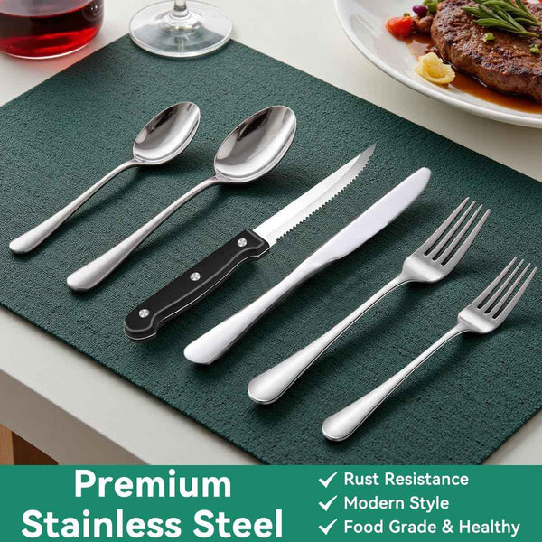 Premium 49-Piece Stainless Steel Silverware Set with Organizer for 8, Includes Steak Knives and Kitchen Utensils