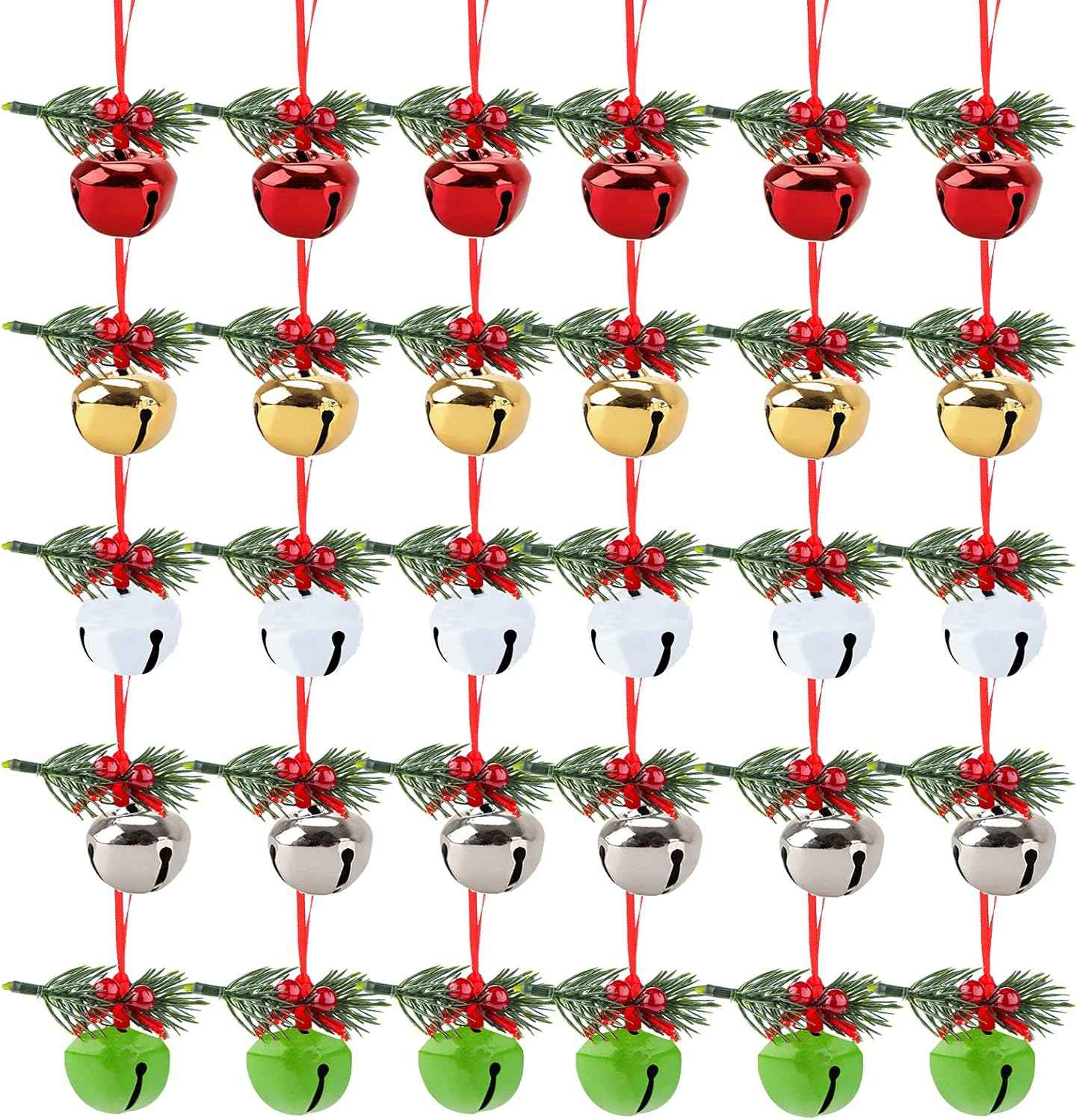 MCPINKY 30PCS Christmas Bells, Jingle Bells with Holly Leaves Berries for Craft, Gift Wrapping Christmas Tree Decor