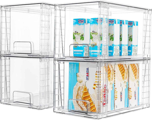 Vtopmart 4 Pack Stackable Storage Drawers,Clear Acrylic Drawer Organizers with Handles, Easily Assemble for Fridge, Bathroom,Kitchen Undersink,Cabinet,Pantry Organization and Storage