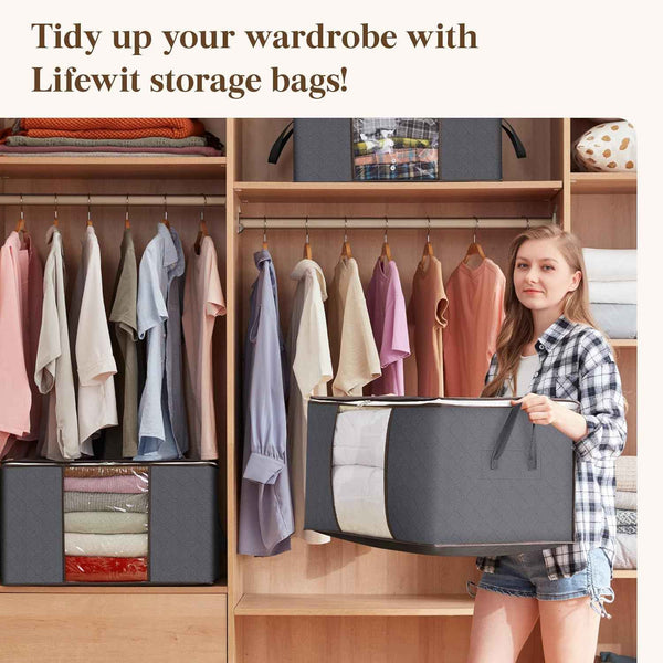 Lifewit 6 Pack Clothes Storage Bins with Lids, Foldable Blanket Storage Bags with Zippers, Clear Window and Reinforced Handles, Closet and Organization for Clothing, Sweater, Comforter, Bedding, Gray