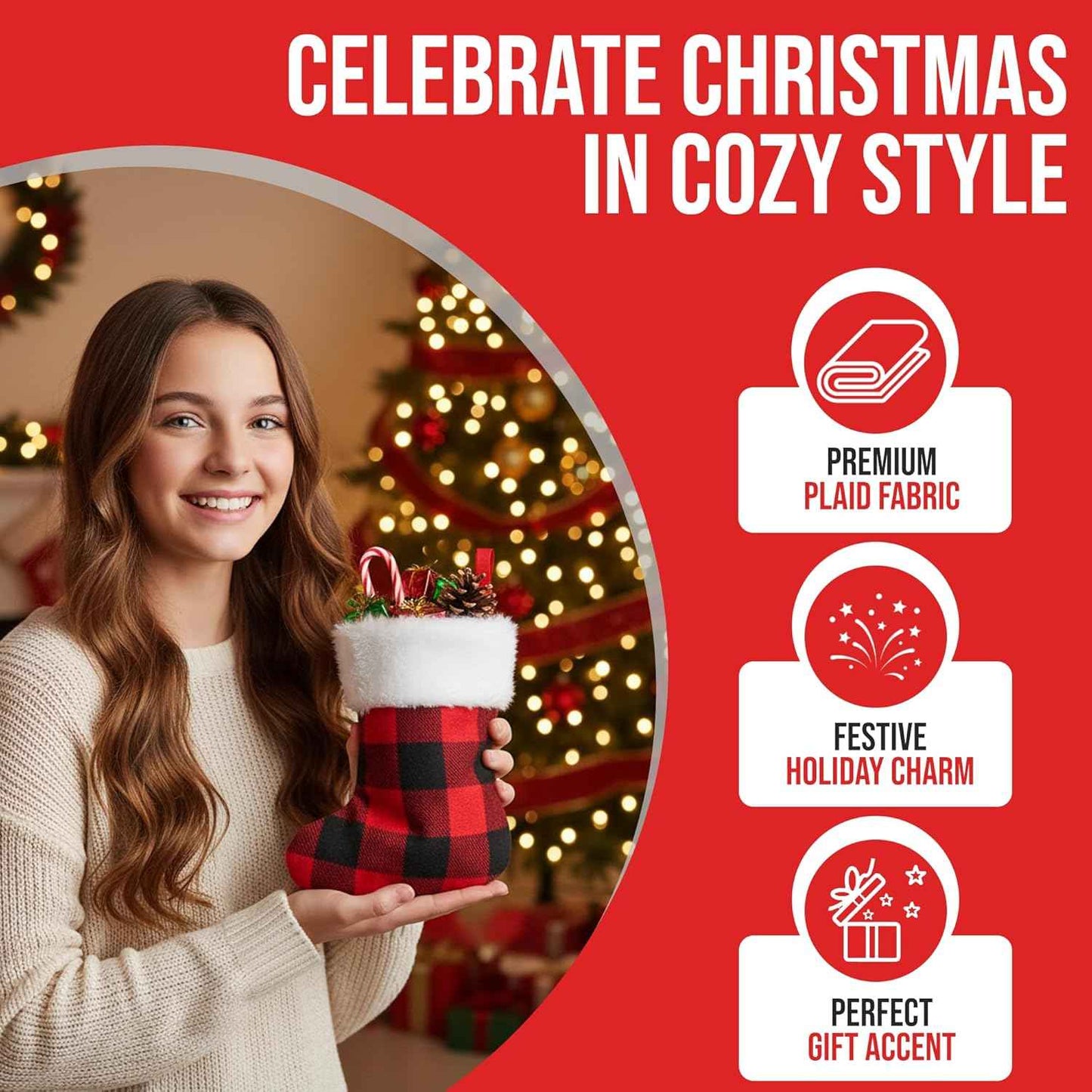 Iconikal 24-Pack Mini Christmas Stockings, 6-Inch, Red Buffalo Plaid Decoration Ornament