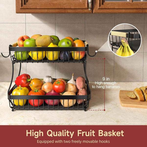 2-Tier Fruit Basket for Kitchen Counter with Metal Fruit Bowl and Wooden Handle