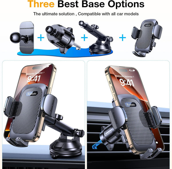 Phone holder for car dashboard, windshield, or vent with strong suction and adjustable arm
