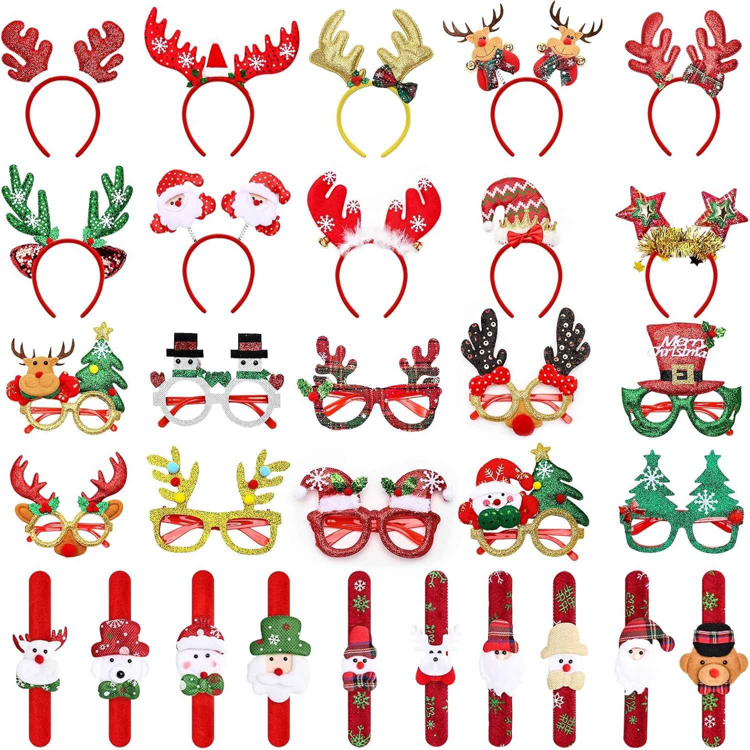 30PCS Christmas Glasses, Headband and Slap Bracelets - Cute Decorations for All People, Exquisite Party Favors