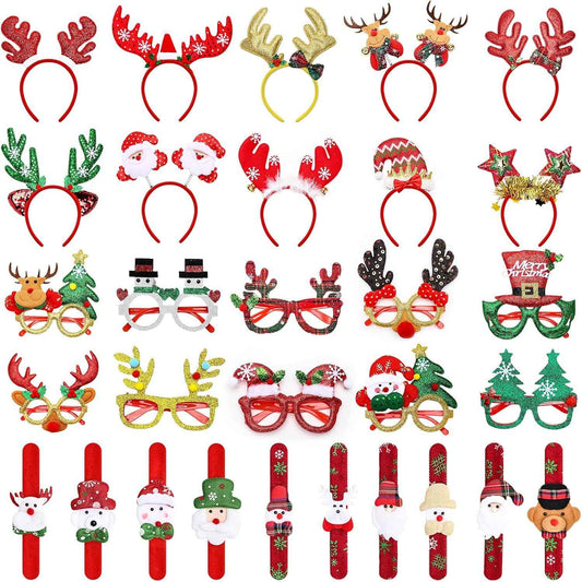 30PCS Christmas Glasses, Headband and Slap Bracelets - Cute Decorations for All People, Exquisite Party Favors