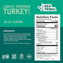 New Primal Lightly Peppered Turkey Sticks, 20 Count, 7g Protein, Keto, Gluten Free, Low Carb
