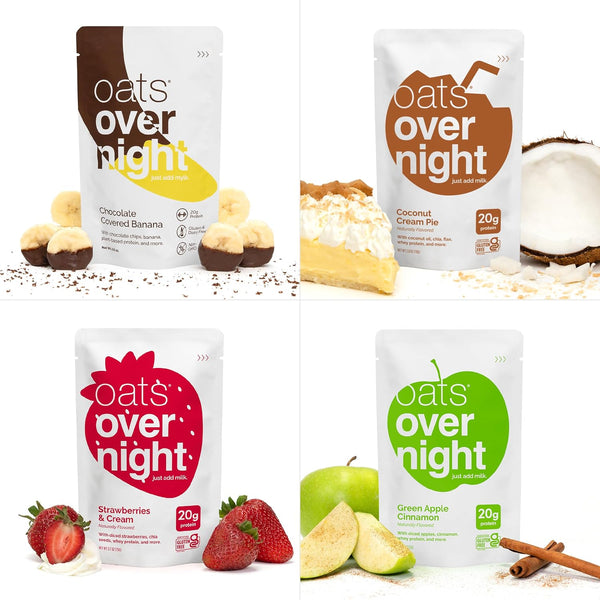 Oats Overnight Fruit Variety Pack - High Protein, High Fiber Breakfast Protein Shake - Gluten Free Oatmeal, Non GMO High Protein Oatmeal - Fruity Cereal, Chocolate Covered Banana & More (8 Pack)
