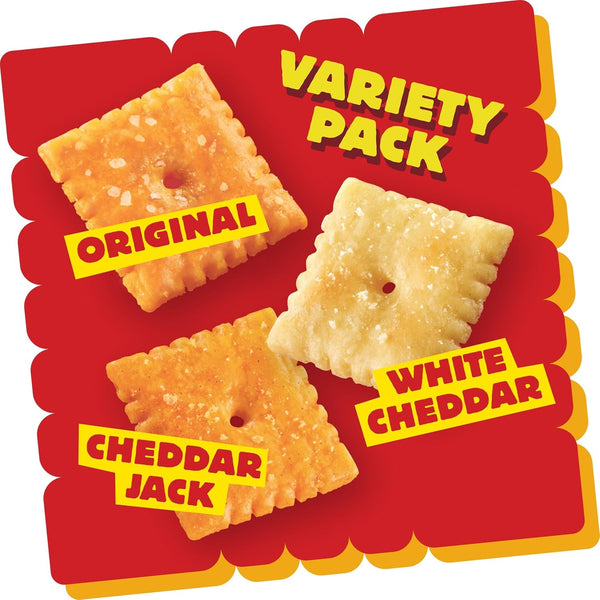 cheez-it variety pack, 12.1oz box, 12 packs, original, white cheddar, cheddar jack flavors