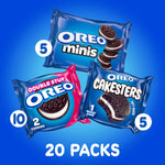 OREO Lovers Variety Pack with 20 snack packs of chocolate cookies and soft snack cakes