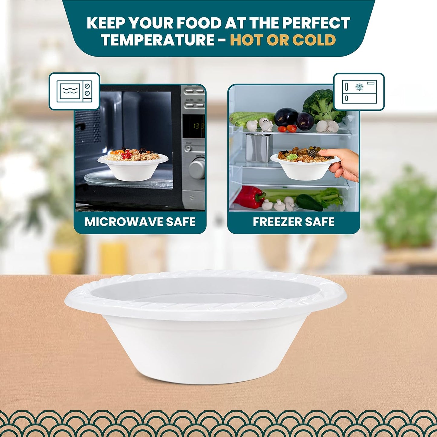 R-kay Plastic Bowls - 100 Count Microwavable Disposable Bowls - Strong Heavy Duty And Sturdy White Plastic Bowls Disposable (12 OZ, 100)