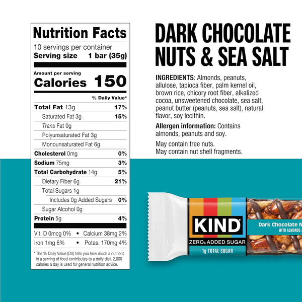 Kind Zero Added Sugar Bars, Dark Chocolate Nuts & Sea Salt, Gluten Free, High Fiber, 10 Count