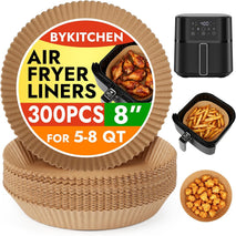 BYKITCHEN 300PCS Disposable Air Fryer Liners for Ninja AF141 5QT Pro AF181 6.5QT, Chefman 6 QT, Cosori 6QT &Other 5 to 8Qt Airfryer, 8 Inch Round Air Fryer Parchment Paper, Airfryer Basket Accessories