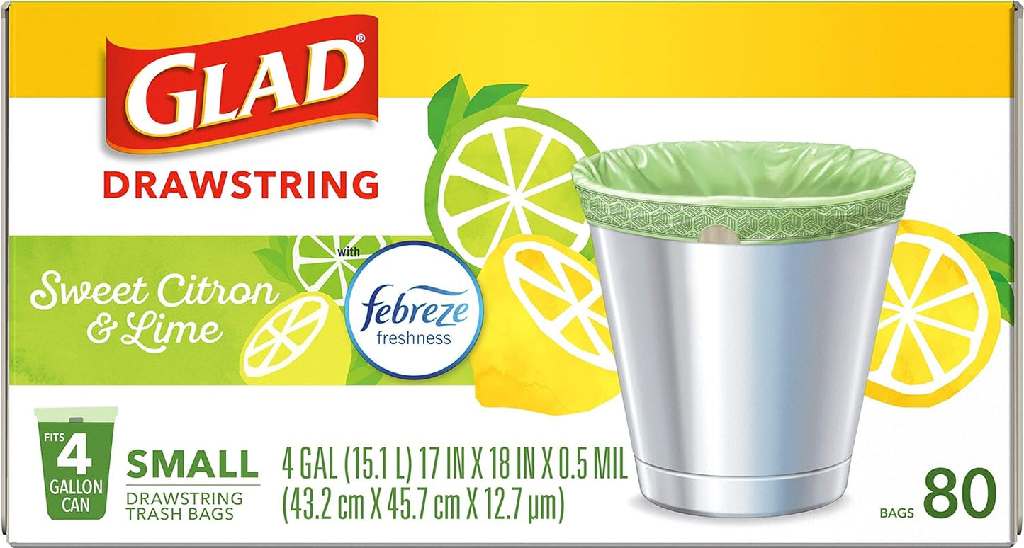 Glad Small Trash Bags 4 Gallon, Febreze Sweet Citron & Lime Garbage Bags, Odor Resistant with Drawstring, 80 Count