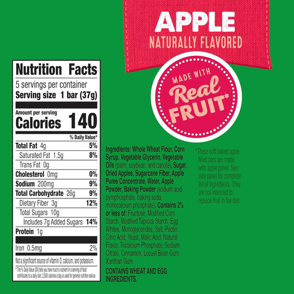 Soft Baked Apple Filled Bars, Apple Flavor Snacks, 5 Count, 6.55 oz