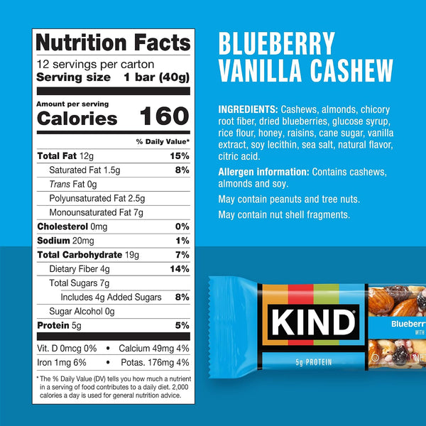 KIND Snacks Bars, Blueberry Vanilla Cashew, Gluten Free, 5g Protein, 12 Count