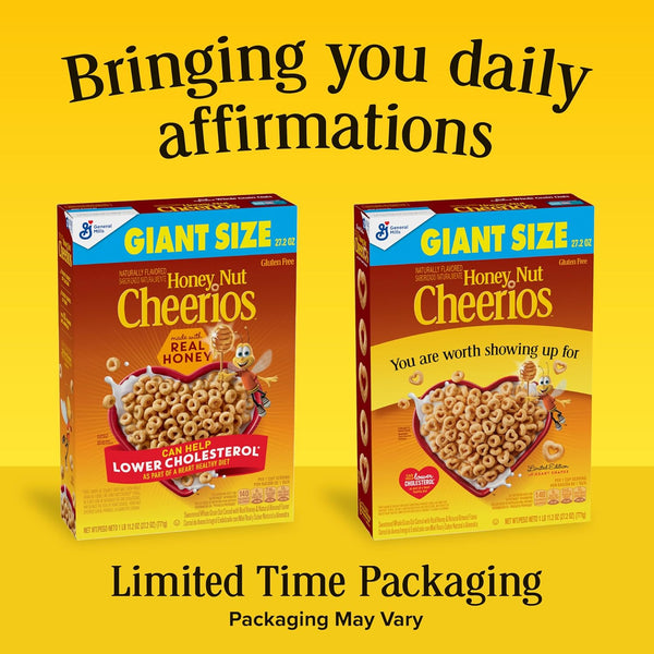 Honey Nut Cheerios heart healthy gluten free cereal, giant size, 27.2 oz, limited edition heart shapes and affirmations