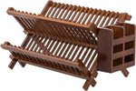 Bamboo Folding 2-Tier Collapsible Dish Rack with Utensil Holder Set