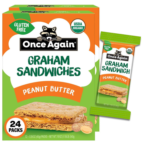 Once Again Peanut Butter Crackers Graham Sandwiches - Gluten Free Graham Crackers with Organic Peanut Butter Filling - Vegan, Organic Snacks for Kids - Lunch Snacks Individually Wrapped, 8 Count