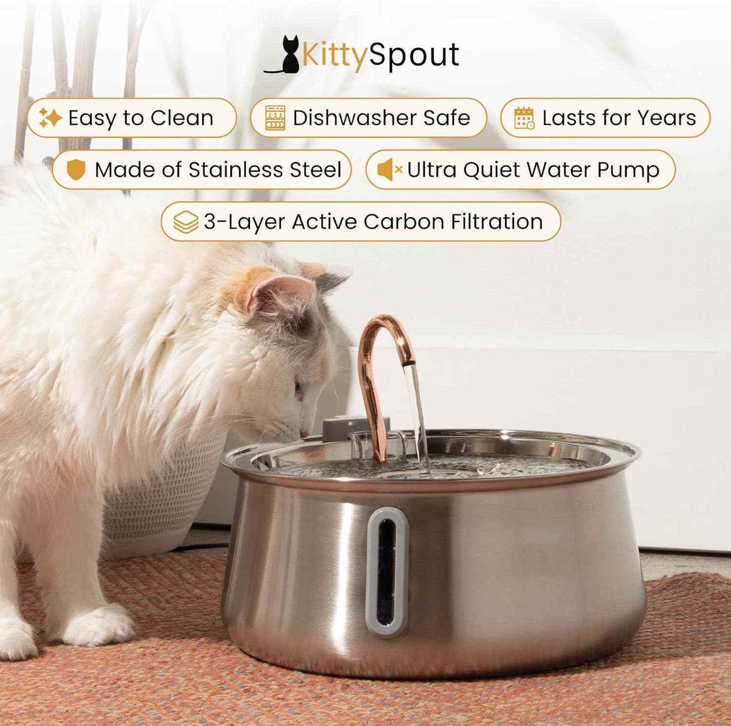 stainless steel kitty spout 2.0 cat water fountain automatic circulating bowl dishwasher safe indoor pets 4l corded
