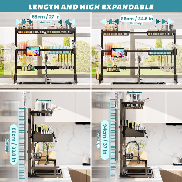 Over the sink dish drying rack with adjustable height and length