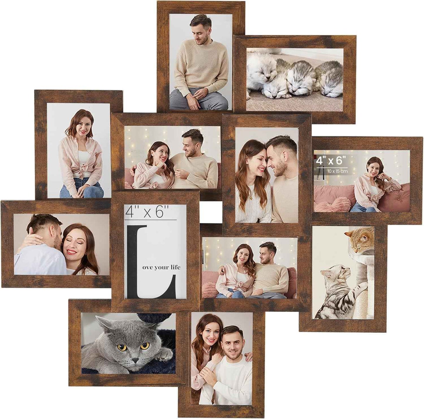 SONGMICS 4x6 Collage Picture Frames, 12-Pack Photo Collage Frame for Wall Decor, Glass Front, Assembly Required, Christmas Gift, Rustic Brown URPF022X01
