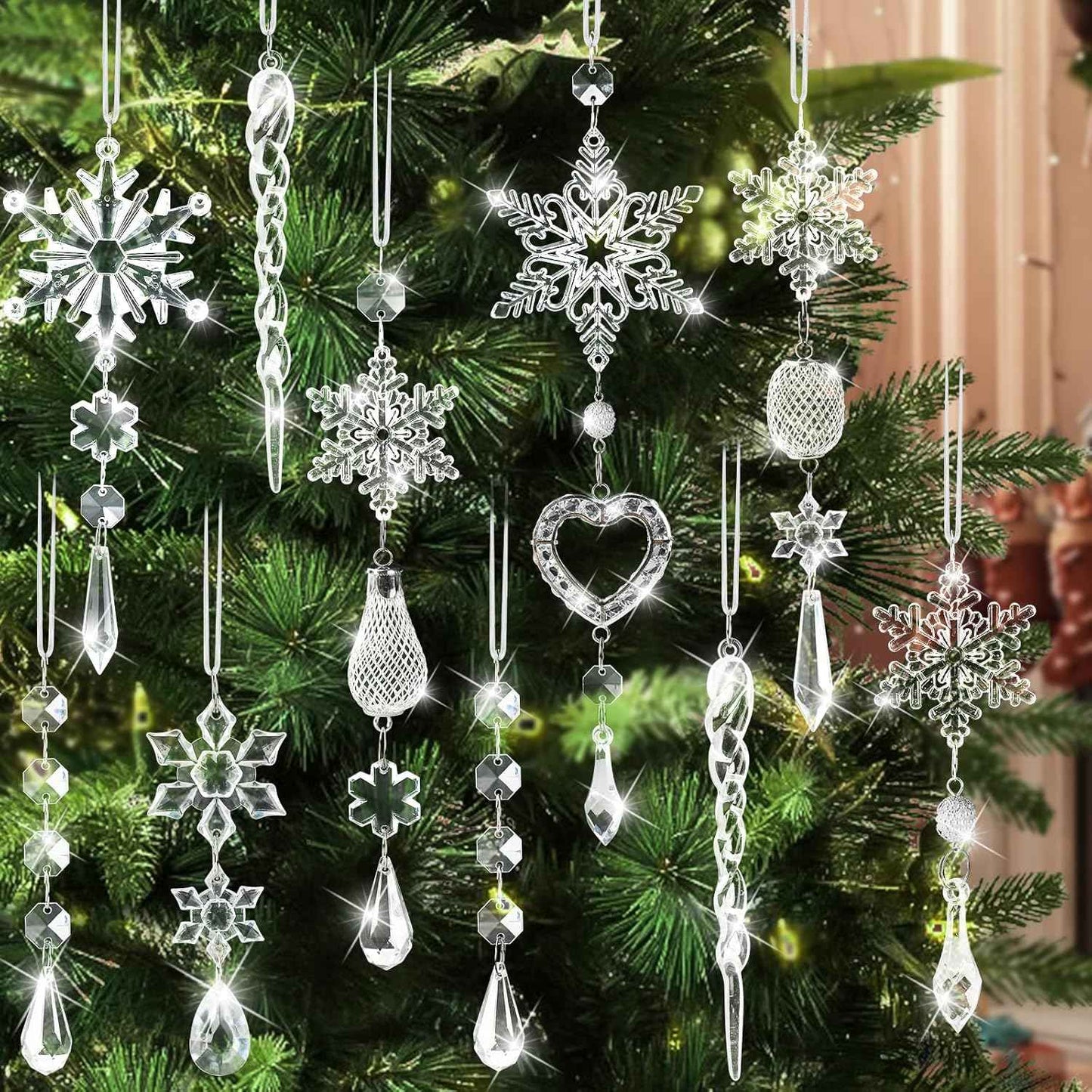 Crystal Ornaments Christmas Tree Decorations - 21pcs Christmas Tree Ornaments Sparkling Dazzling Festival Party Decoration Crystal Snowflake Design Hanging Ornament Holiday Season Home Decor