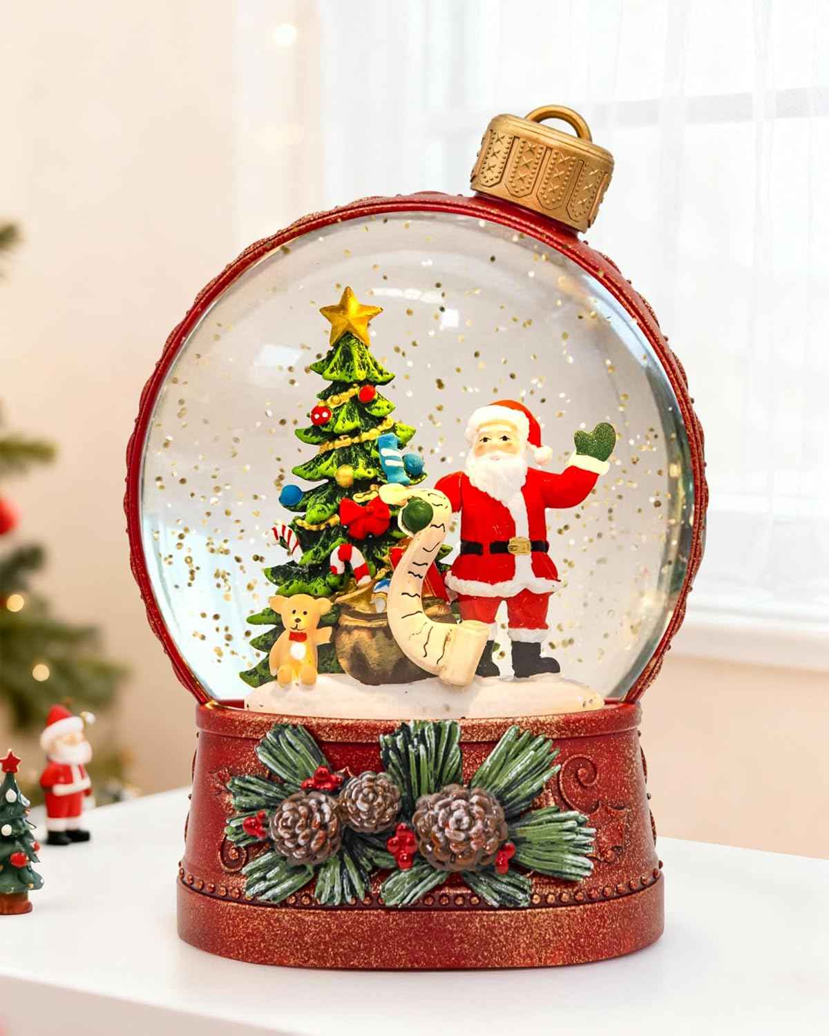 Christmas Santa Snow Globe Light up Lantern with 8 Songs, 9.17" Red Christmas Snow Globes for Kids Adults, 6H Timer & Dual Power, Snowglobes Christmas Decorations Indoor, Gifts for Women Men