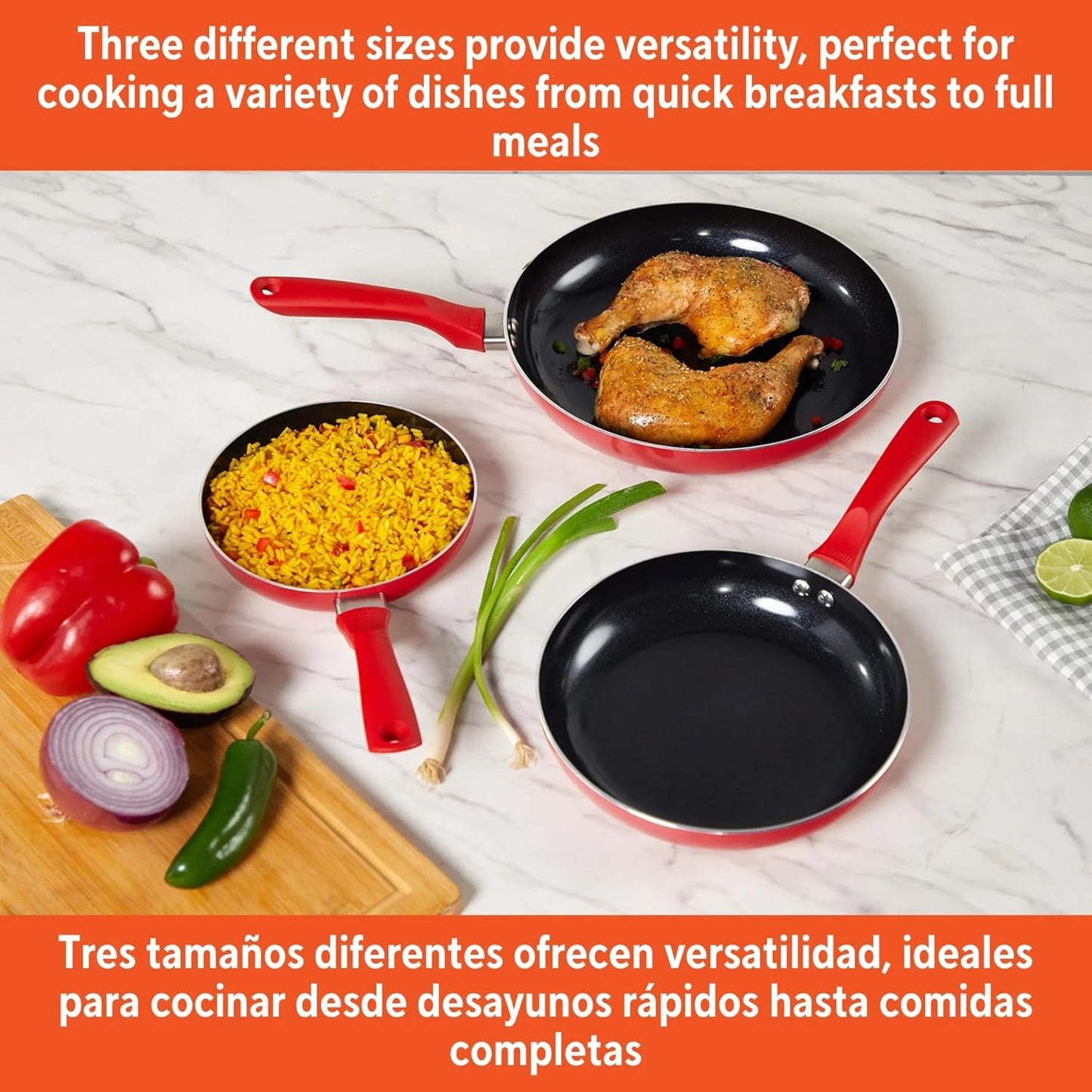 LYMSTE 3-Piece Red Ceramic Non-Stick Frying Pan Set, Aluminum Pots and Pans Set with Cool Touch Handles