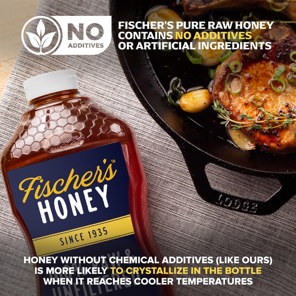 Fischer's 100% Pure Raw Unfiltered Honey - USA Made All-Natural Sweetener with Rich Flavor Profile and 40 oz Squeeze Bottle