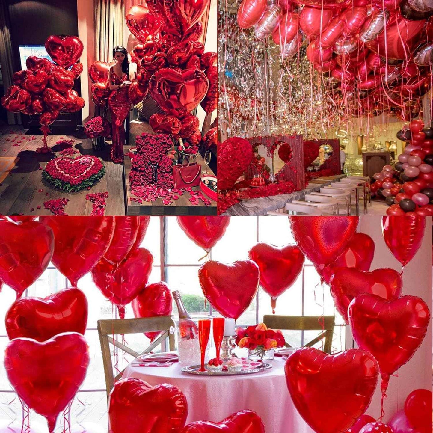 Fecedy Red Heart Shape Foil Mylar Balloons and Heart Shape roseleaf for Romantic Valentine's Day Wedding Bridal Shower Anniversary Engagement Party Decorations