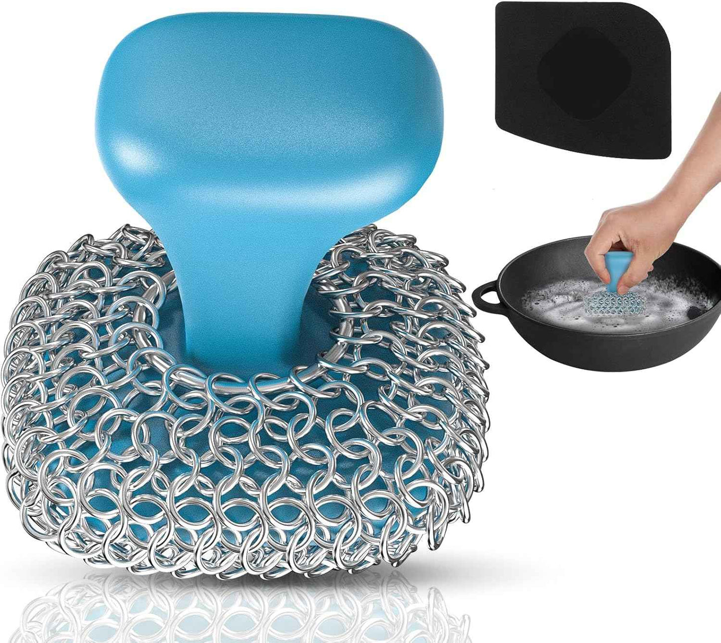 Purgreat Cast Iron Scrubber | Dish Scrub Brush | 316 Cast Iron Cleaner Chainmail Scrubber for Pan Skillet Cleaner - Dish Scouring Pad Dishwasher Safe Cleaning Kit, Black 03