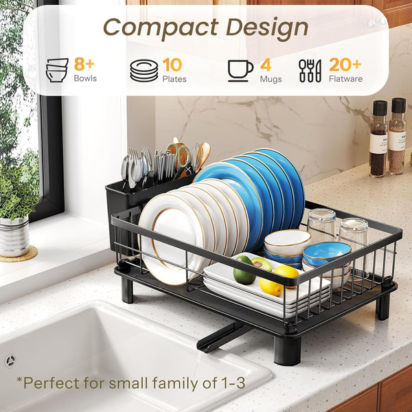Space-saving stainless steel dish drying rack for kitchen counter