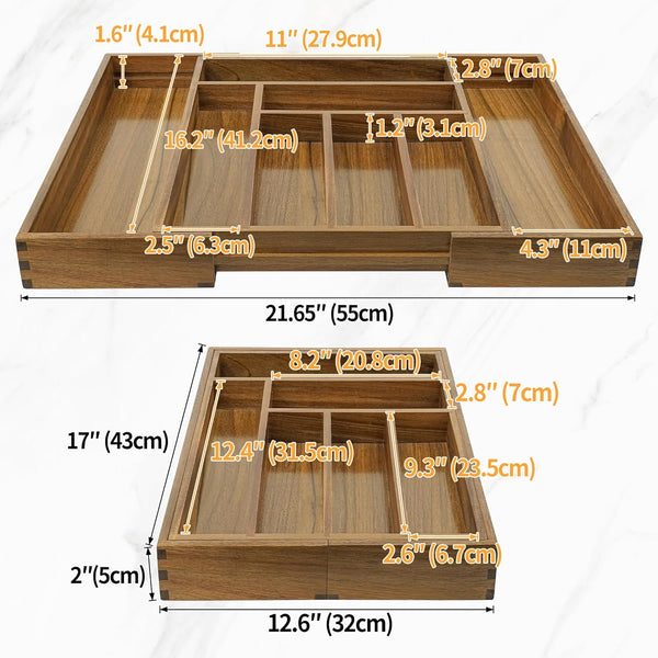 Acacia Kitchen Drawer Organizer with 8 Slots and Adjustable Size