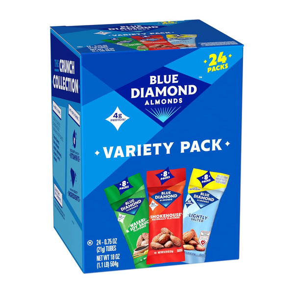 Blue Diamond Almonds Snack Variety Pack, 24 Count, 0.75 oz Individual Gluten Free Packs, Kids, Office, School, On-the-go