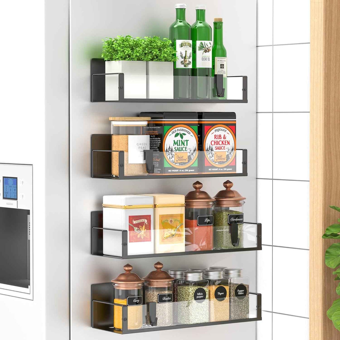 Metal 4 Pack Magnetic Spice Storage Rack Organizer for Refrigerator and Oven, Black Fridge Organizers and Storage