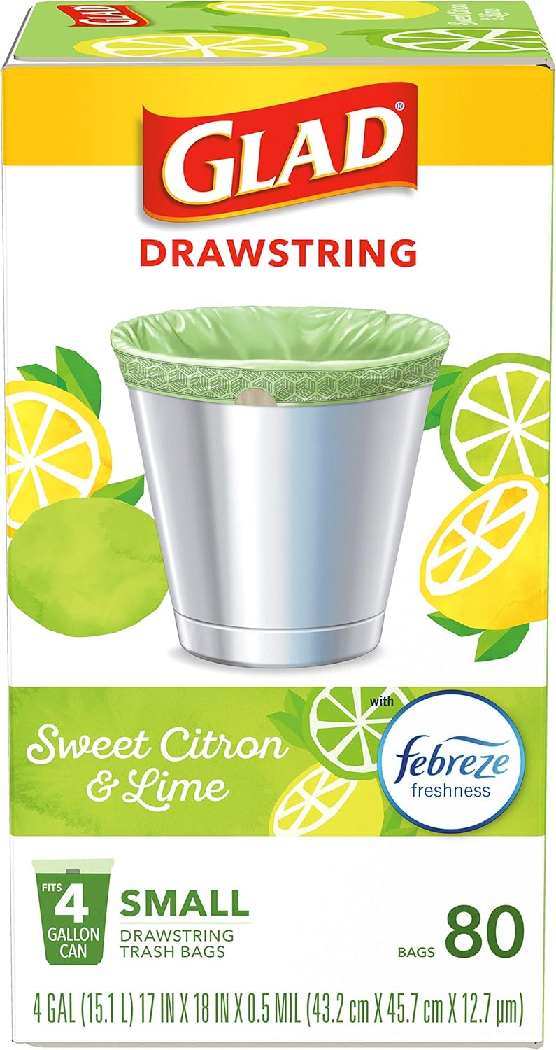 Glad Small Trash Bags 4 Gallon, Febreze Sweet Citron & Lime Garbage Bags, Odor Resistant with Drawstring, 80 Count