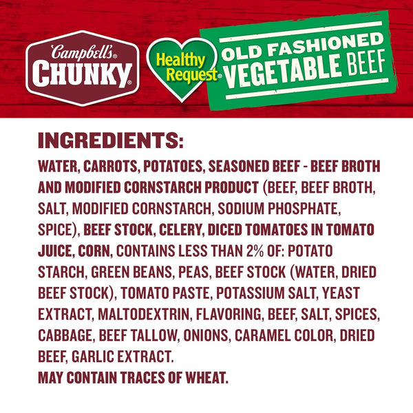 Campbell's Chunky Healthy Request Old Fashioned Vegetable Beef Soup, 18.8 Oz Cans, Case of 12 for Delicious and Filling Lunch or Campfire Meals
