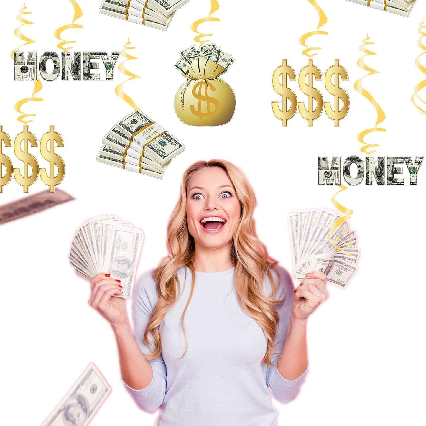 Gold Money Theme Hanging Decoration Dollar Bill Signs Hanging Swirls Money Bag Currency Symbol for Birthdays Casino Weddings Bachelorette Retirement Anniversary Graduations Party Supplies